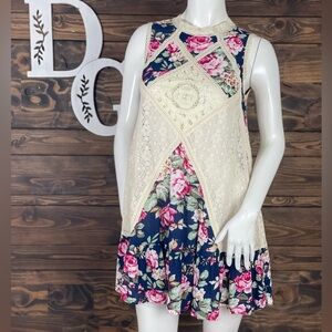 Umgee Lace Mesh Crochet Floral Ruffle Sleeveless Mini Dress‎ Open Back Cut Out